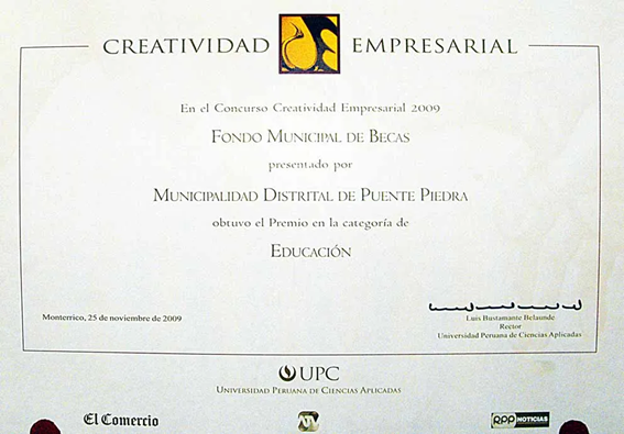 Certificado del Premio Creatividad Empresarial